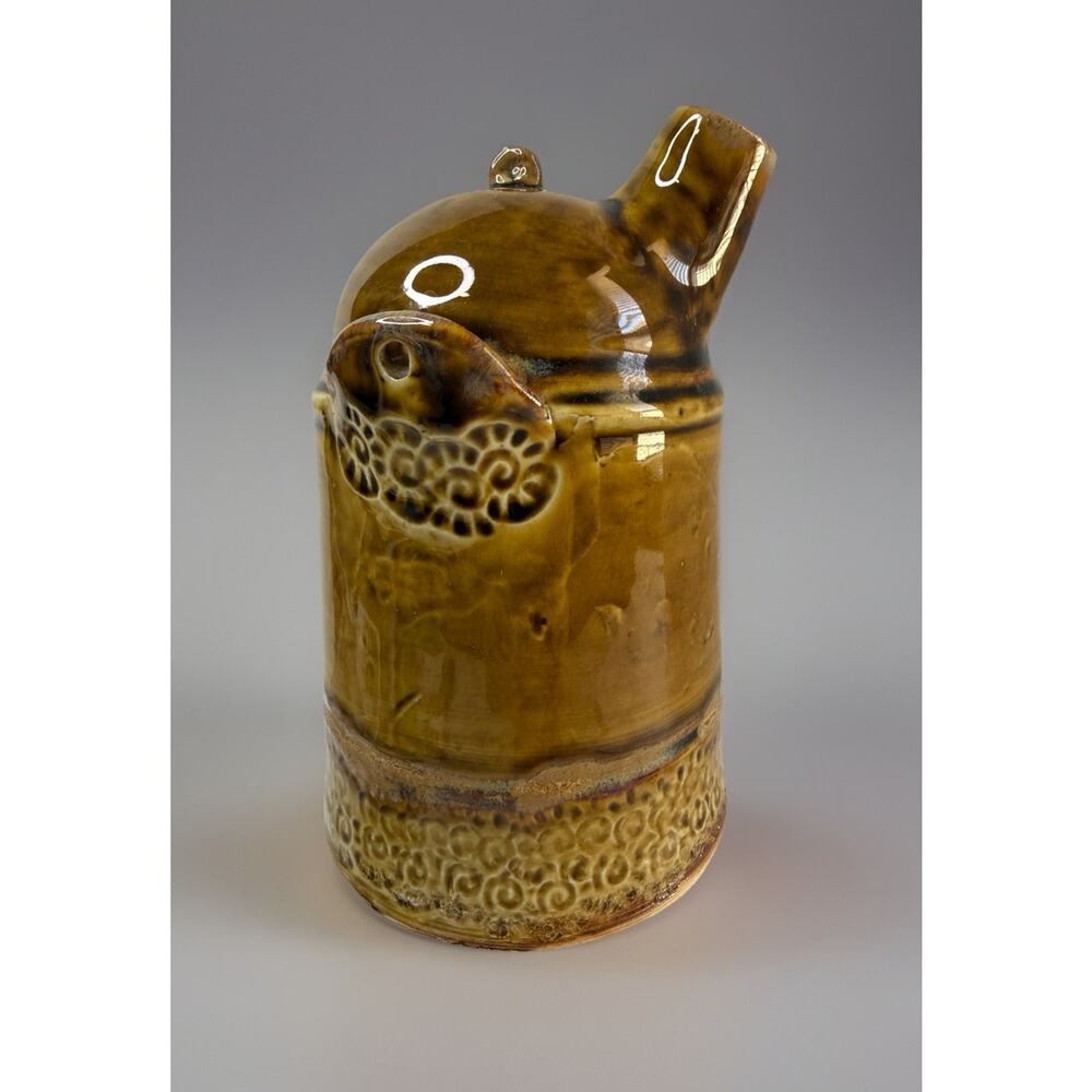 Vintage Stoneware Ewer Jug R Klein Embossed Scroll Butterscotch Signed Decor